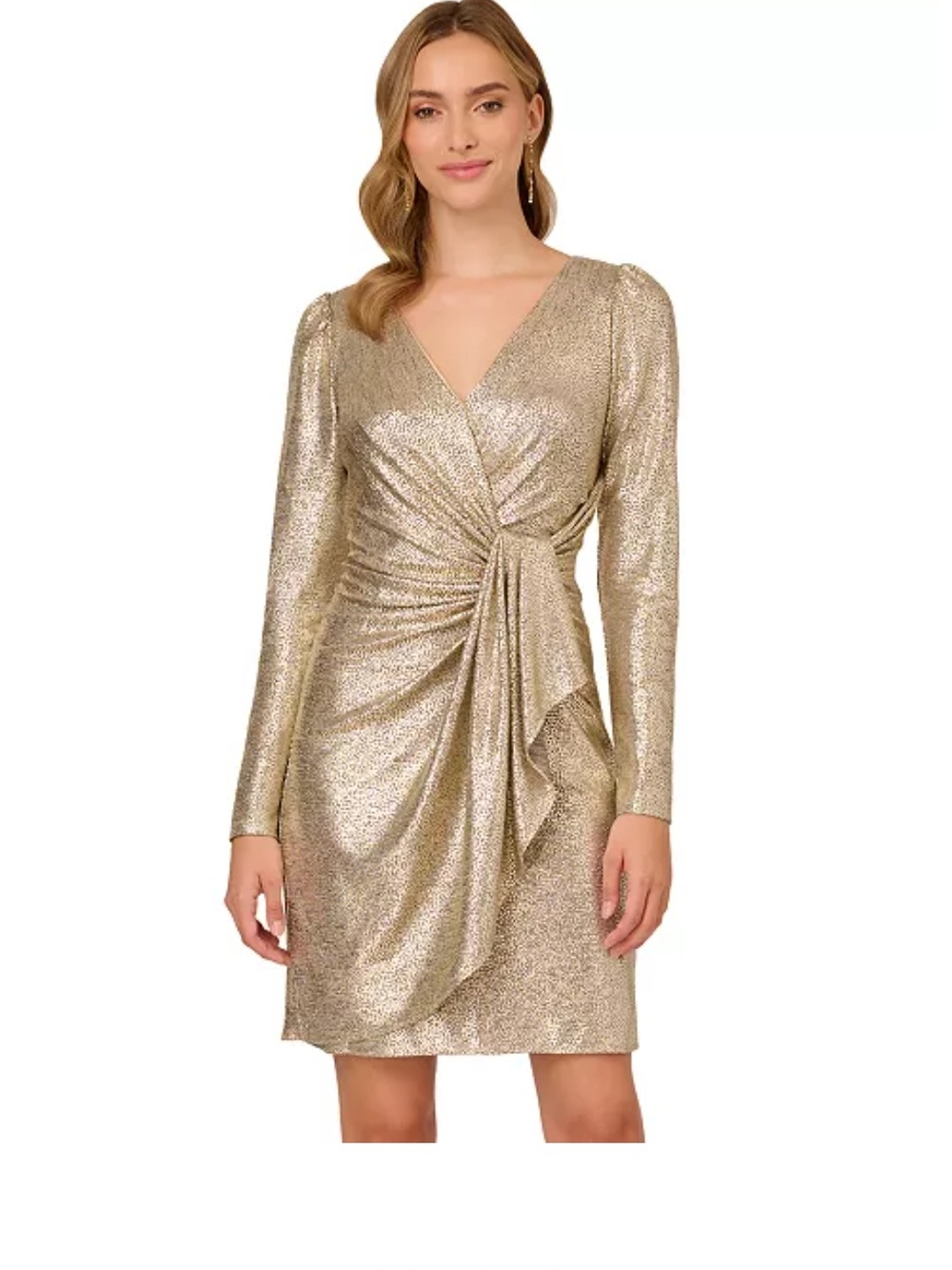 Adrianna Papell Metallic Gold V-Neck Long Sleeve Draped Tie Dress